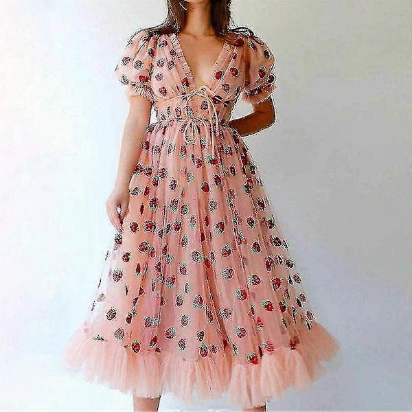 Dame Mode Jordbær Print Dyb V Kortærmet Mesh Cocktail Party Kjole Pink M