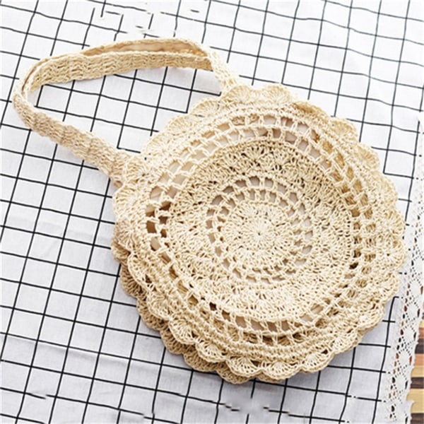 Bohemisk Väska i Halm Dam Rund Strandväska Sommar Rattan Axelväska beige