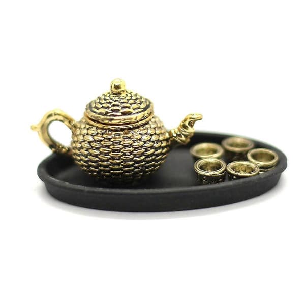 7st/set 1/12 Metall Teservis Mini Tekanna Med 5 Tebricka Möbelsats Docka D