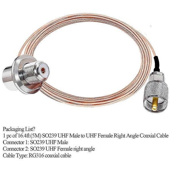 16.4ft (5m) UHF Fe Rg316 Kaapeli Antennikaapeli So239 - Pl259 Fe Oikea Auto Ext