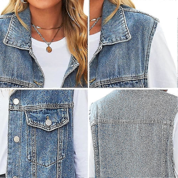 Ärmlös jeansjacka för damer med knäppning – Mellanlång väst Blue Large