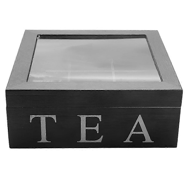 2x Trälåda för Te med 9 Fack Tepåsebehållare Förvaringslåda Fyrkantig Presentförpackning Fodral Transparent Topplock B
