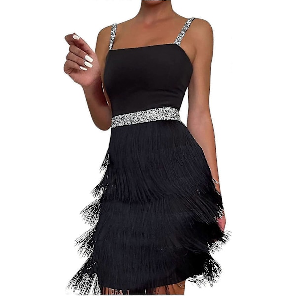 Cocktail-mekkoja naisille, seksikäs syvä V-kaula-aukko, kokonaan hapsuilla, spagettiolkaimilla, paljeteilla ja höyhenillä koristeltu tanssiaismekko 6-black X-Large