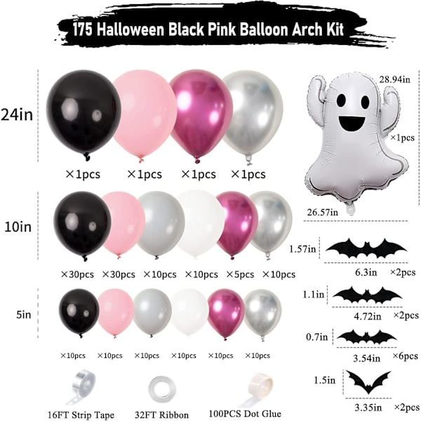 172 stk. Halloween Ballonbue Sæt, Sort Pink Halloween Balloner Med Stor Spøgelse Aluminiumfolie Ballon, Sort Flagermus Og Latex Balloner I 6 Farver Til H