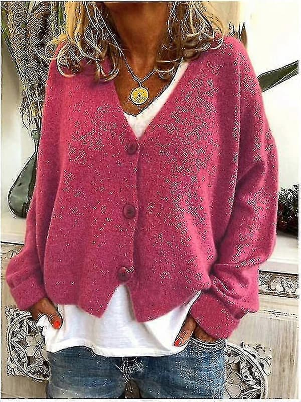 Damtröja Stickad Casual V-ringad Enfärgad Kofta Rose Red M