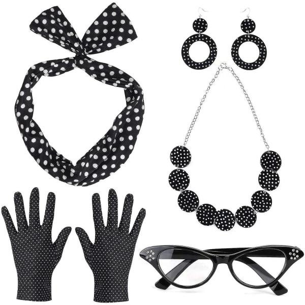 50-luvun naisten asustesarja pilkullisella bandana-solmiopannalla, korvakoruilla, kaulakorulla, käsineillä, retro kissansilmälasilla (musta)