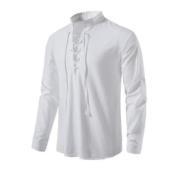 Herre Henry Skjorte Langærmet Bomuld Hør Casual Stand-krave White XL