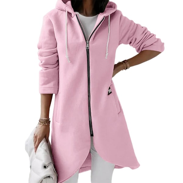 Dame Irregular Full Zip Lang Frakke Casual Udendørs Efterår Langærmet Hættejakke Pink M