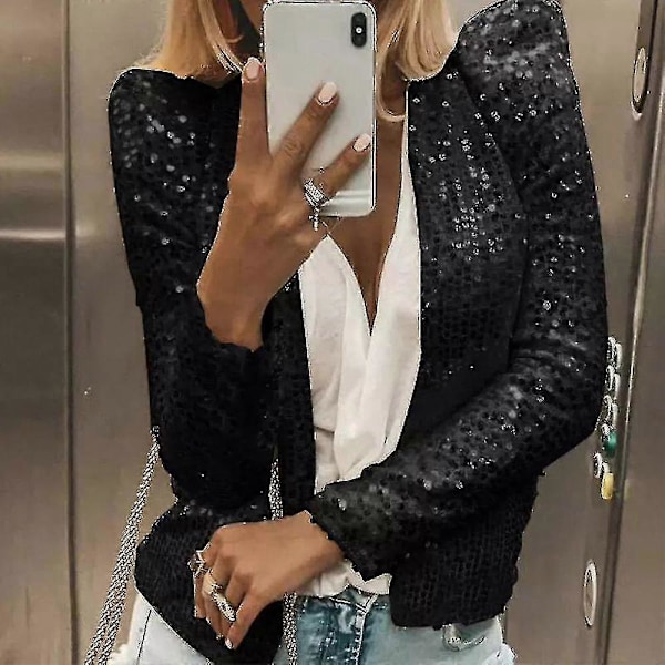 Dame Cardigan Langærmet Skinnende Pailletjakke Åben Front Casual Damejakke Red L