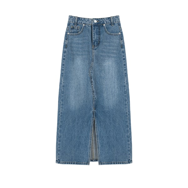 Sommar ny retro blå slits denimkjol för dam, passar till allt S