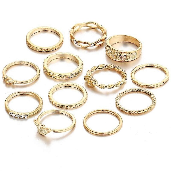 12 stk. Dame Retro Tvunnet Utskåret Knoke Fingerringer Rhinestone Ringsett Smykker