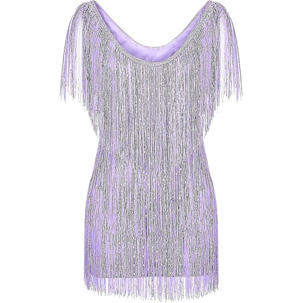 Cocktailkjoler til kvinder Sexet dyb V-hals Allover Frynser Spaghetti Stropper Kjole Pailletter Fjer Prom Festkjole 2-purple Small