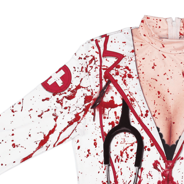 Dam Halloween Party Skräckdräkter Bloody Nurse Zombie Dress Cosplay Sexig Dam Rundhalsad Långärmad Pack Hip Klänning Size E XL