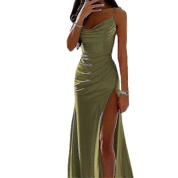 Dam Lång Maxiklänning Cowl Neck Aftonklänning Ärmlös Satin Slip Klänning Fest Casual Army Green 3XL