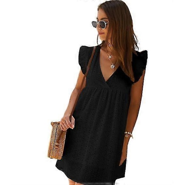 Naisten V-aukkoinen pitsinen lyhythihainen rento lyhyt mekko Black XL