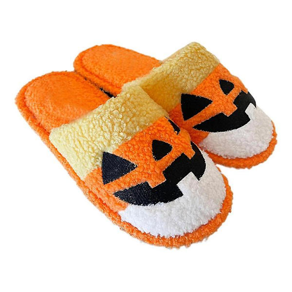 Pumptofflor för kvinnor Halloween Orange Plysch Inneskor Andningsbara Pumpaprydnader Tecknat för barn Flickor