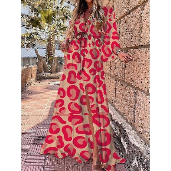 Sommer Maxi Kjole Til Kvinder Boho Print Bikini Cover Ups Strand Sommerkjole Sexet Blomstret Tunika Lang Kjole Badedragt Vestido Feminino red leopard XL