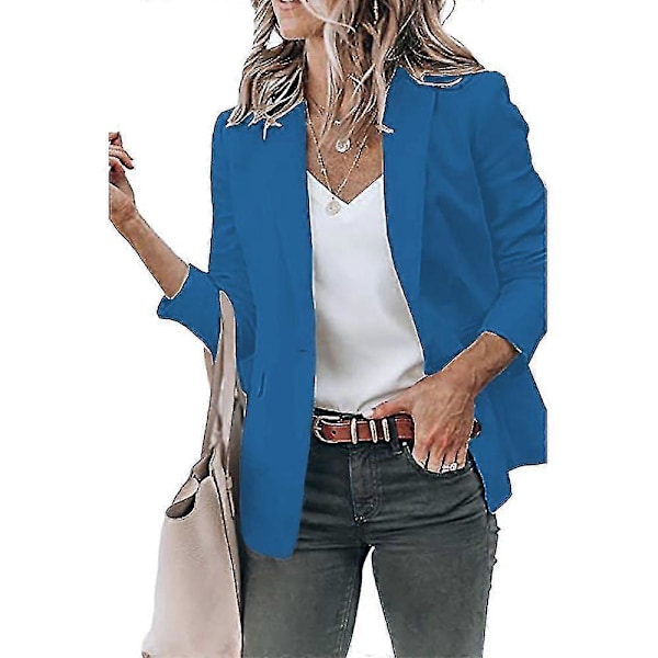 Dame Ensfarvet Åben Front Revers Blazer Langærmet Arbejde Kontor Cardigan Jakke Blue L