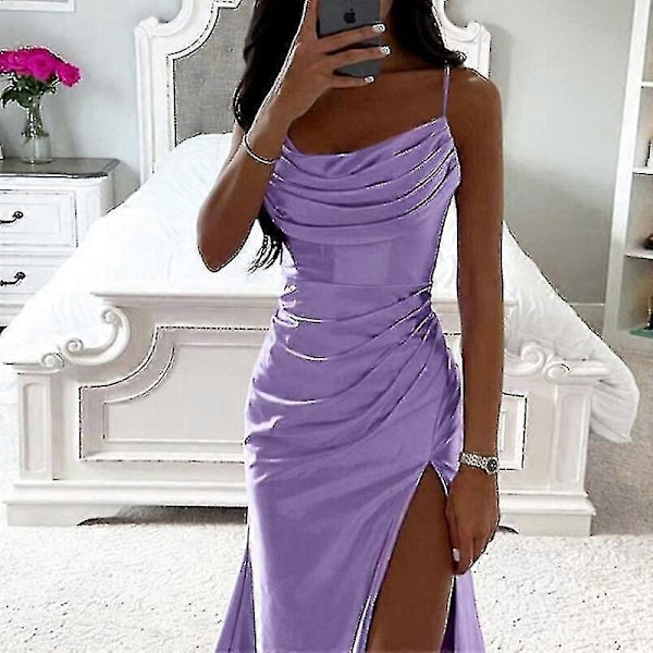 Dame Lang Maxikjole Cowl Neck Aftenkjole Ermeløs Sateng Slip Kjole Fest Hverdagslig Light Purple 2XL