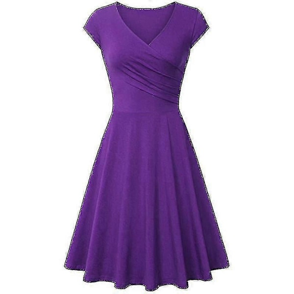Elegant Damklänning Enfärgad Kortärmad V-ringad Afton Cocktail Bal Sommarklänning Purple XXL