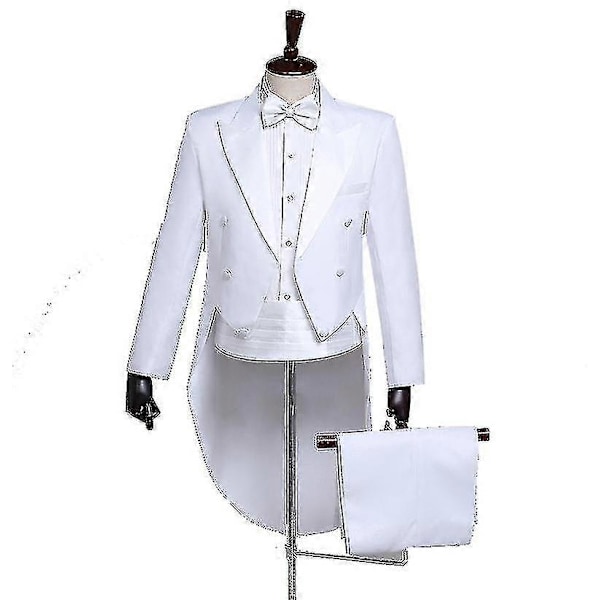 Herre Kjolefrakk Smoking Dressbukse Sett, Herre Smoking Dressbukse Dress Med Sløyfe WHITE L