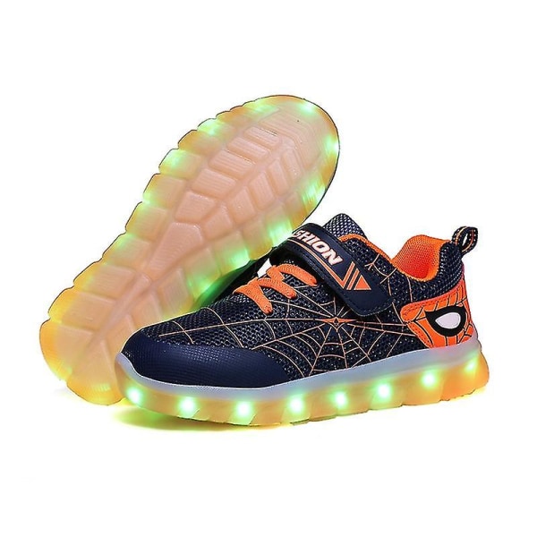 Sko med LED-lys for barn, løpesko med edderkoppnettmønster, fritidssko for jenter og gutter, skateboard-sko med USB-lading, lysende sportssko 807Blue Orange 34