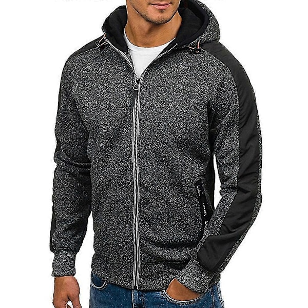 Färgglad långärmad herrjacka med huva, sweatshirt, kappa, hoodie med fickor med dragkedja Black-Gray XL