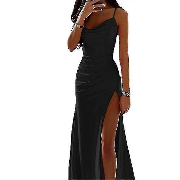 Dam Lång Maxiklänning Cowl Neck Aftonklänning Ärmlös Satin Slip Klänning Fest Casual Black XL