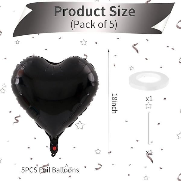 Sort Hjerte Balloner, 5 stk. Sort Hjerteformede Folieballoner, 18 Tommer Metalliske Sorte Folieballoner Valentinsdag Balloner Helium Til Valentinsdag, Bryllup White