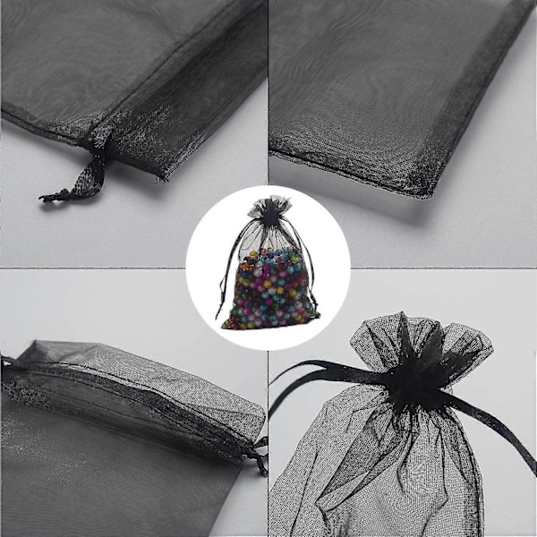 100 stk. Sorte Organza Gaveposer 9x12cm, Mesh Bryllupsgaveposer med Snøre til Smykker Makeup C