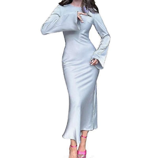 Satin Kjole til Kvinder - Slank Maxi Kjole med Lange Ærmer, Høj Talje, Elegant Ensfarvet Kjole LightBlue 2XL