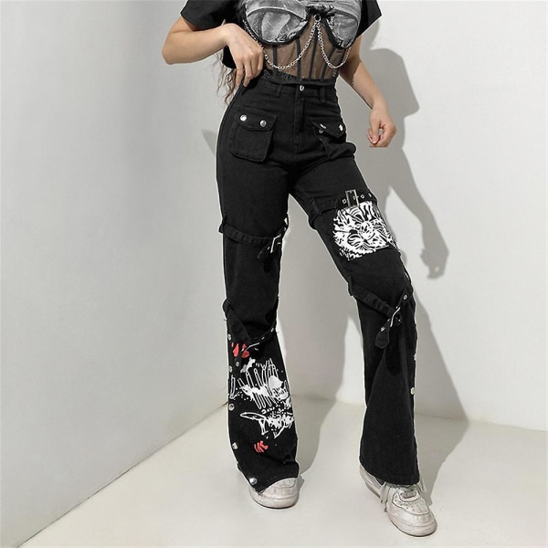 Cyber Y2k byxor Akademiska mörka kläder Hippie lösa jeans style1 S