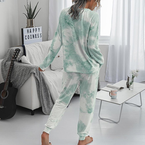 Kvinnors Tie Dye Casual Kostym Långärmad Sweatshirt Topp + Dragsko Byxor Kostym Casual Jogging Lounge Wear Green S