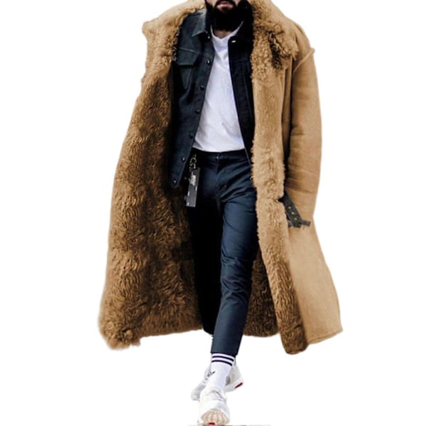 Tjock Vinterjacka i Fuskpäls för Män, Mellanlång, Plusstorlek, Ytterkläder, Perfekt Gåva för Extrema Vintrar Khaki 4XL