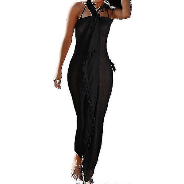 Dame Strand Batik Lang Sarong Badedragt Cover Up Wrap Pareo Med Kvaster Sort 1 stk