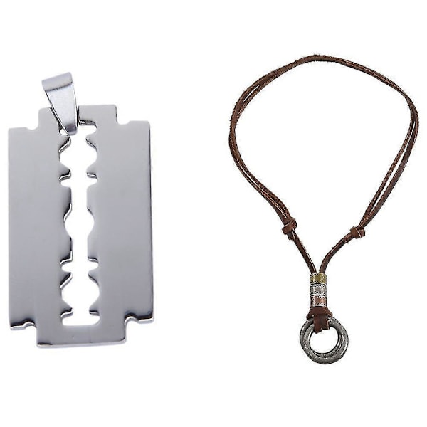 1 st Rakblad Titanstål Hänge Silverfärg Ca 3,8 X 2,3cm & 1 st Retro Läderhalsband för Män C
