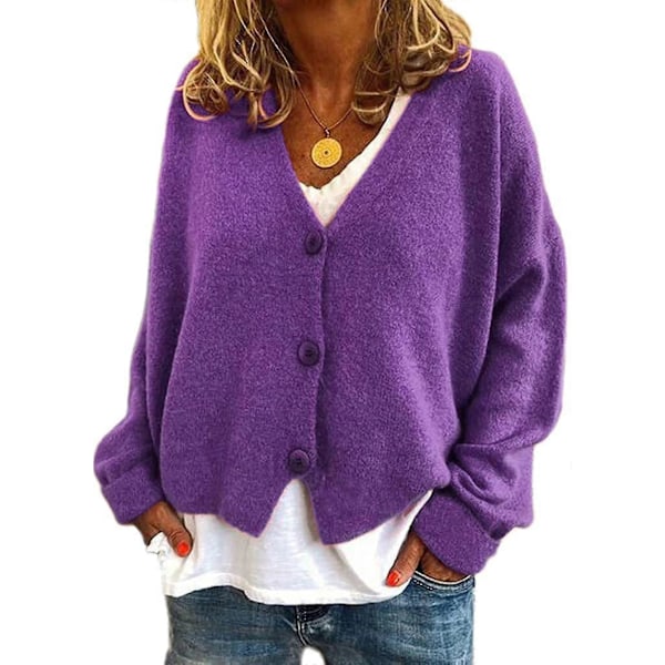 Naisten neulepusero rento V-kaula-aukkoinen yksivärinen neuletakki Purple 2XL