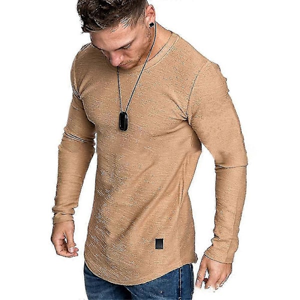 Miesten yksivärinen pyöreäkauluksinen t-paita, rento, pitkähihainen, slim fit, lihaksia korostava Khaki S