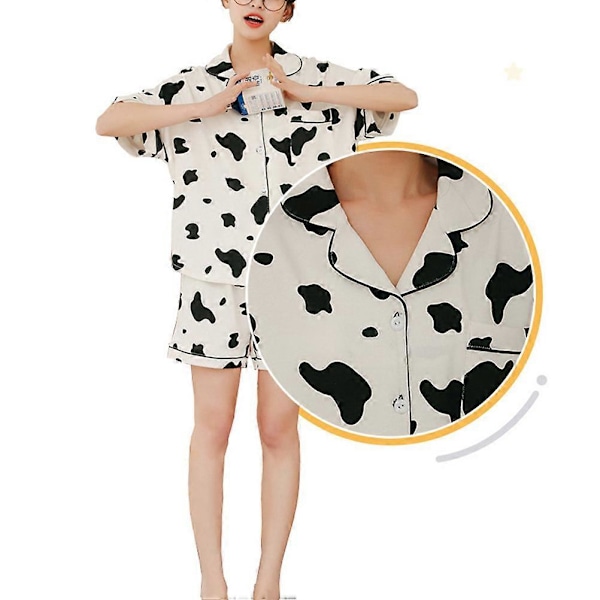 1 Set med 2 st Sommar Dam Pyjamas Tecknad Ko Pyjamas Bomull Kofta Kortärmad Shorts Casual Hemmakläder Tvådelat Set (Vit Svart Storlek M)