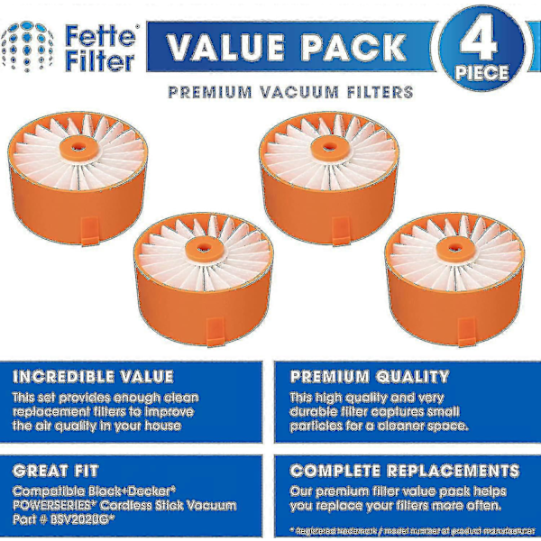 Paket med 4 Ersättningsfilter - Kompatibla med Black+decker Powerseries Extreme Sladdlös Stickdammsugare (modell # Bsv2020)