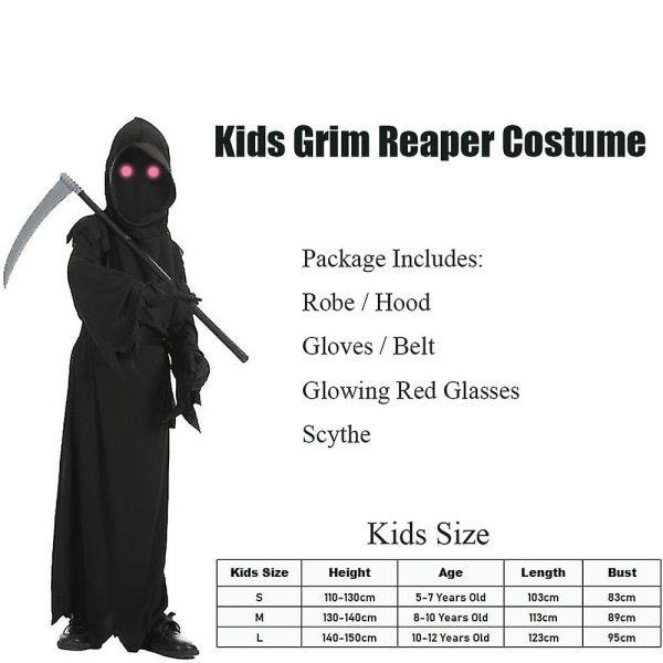 Unisex män Vuxen Phantom Halloween kostym med glödande röda ögon Pojkar Grim Reaper kostym för barn Kids L