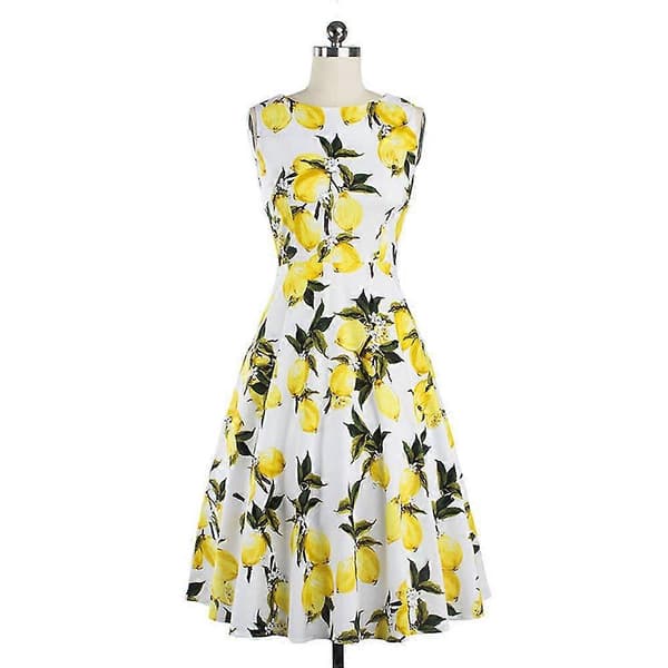 Sommarklänning för dam med tryck, ärmlös, citrontryck är modernt. black L