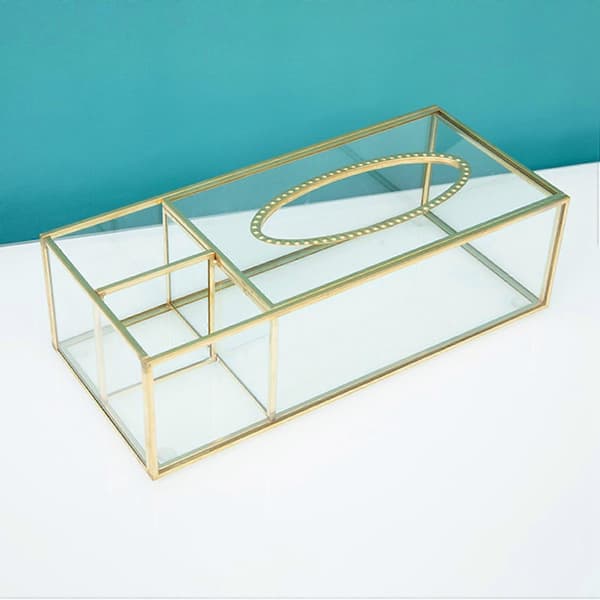 Guld Tissue Box Rektangulär Klar Glas Pappers Tissue Box För Hem Tissue Dispenser Geometriskt Glas