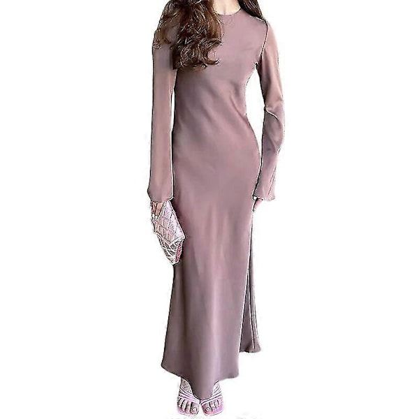 Satin Kjole til Kvinder - Slank Maxi Kjole med Lange Ærmer, Høj Talje, Elegant Ensfarvet Kjole LightPurple M
