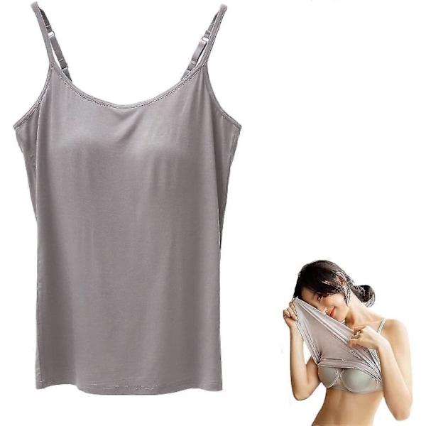 2-i-1 Dam Basic Sömlös Camisole Enfärgad Spaghettiband Slim Fit Bomull, Justerbara Spaghettiband Linne med Inbyggd BH Dark gray M