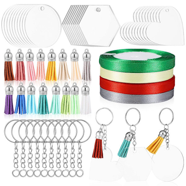 1 Set Akryl Nyckelring Ämnen med Tofsar Tillbehör Klara Tomma Akrylskivor Hängen Öglor för DIY Projekt Hantverk