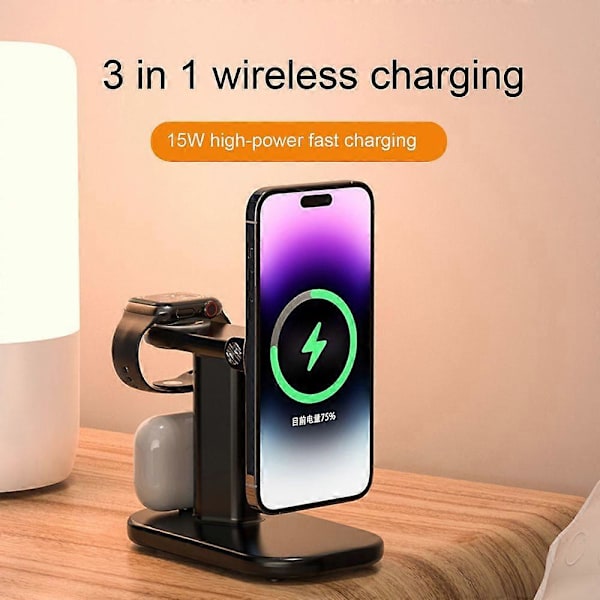 Magnetisk 3-i-1 Trådløs Lader Magnetisk Dreiestativ 15W Trådløs Hurtiglading