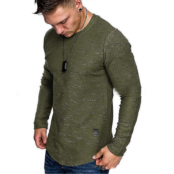 Miesten yksivärinen pyöreäkauluksinen t-paita, rento, pitkähihainen, slim fit, lihaksia korostava Green S