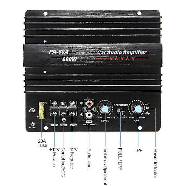 12V 600W Autovahvistinkortti Pa-60a Subwoofer-piirimoduuli Auton tehovahvistin, musta