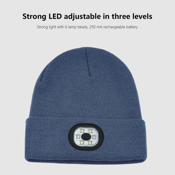 Bluetooth mössa med ljus, unisex USB uppladdningsbar 6 led pannlampa hatt med trådlösa hörlurar Gray